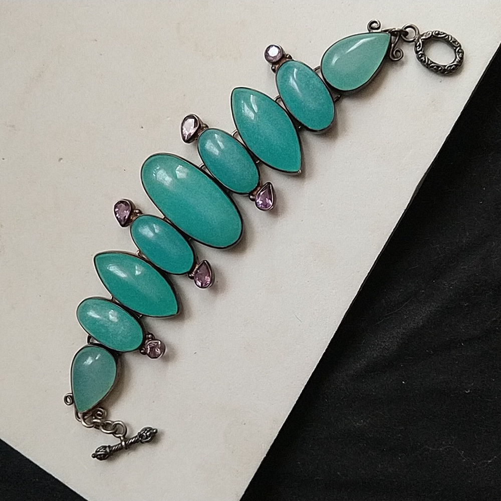 Bracelet sterling silver amethyst and blue chalcedony toggle clasp 925 wide